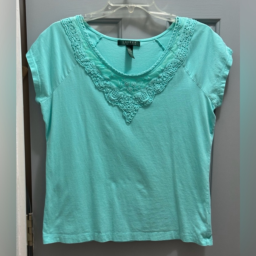 Lauren Ralph Lauren Women’s 100% Cotton Lace-Trim T-Shirt Mint Green Size Large